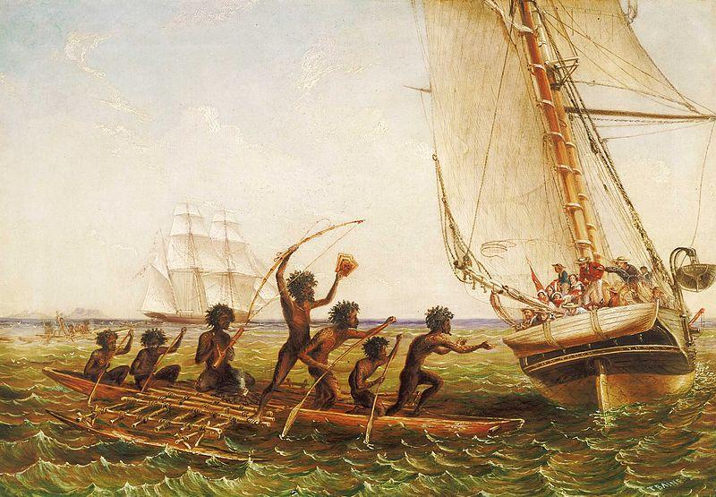 John Thomas Baines Aboriginal Canoes Communicating with the 'Monarch' and the 'Tom Tough', 28 August 1855 oil painting image
